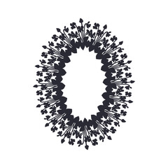 Hand drawn black silhouette of canary islands flowers blue violet wreath. Card template with cute floral frame. Botanical vector illustration isolated on white.