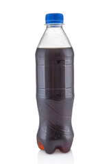 Plastic cola bottle close up isolated on white background