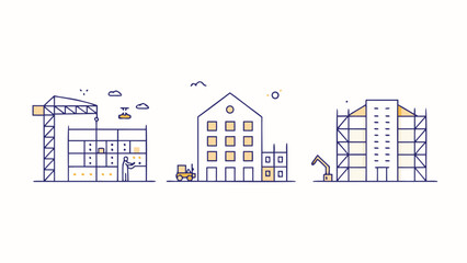 Illustration showing three buildings under construction with cranes and scaffolding, and a small vehicle