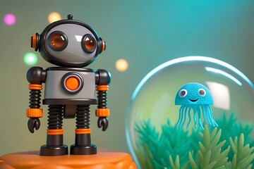 A charming robot stands guard over a jellyfish in a decorative aquarium