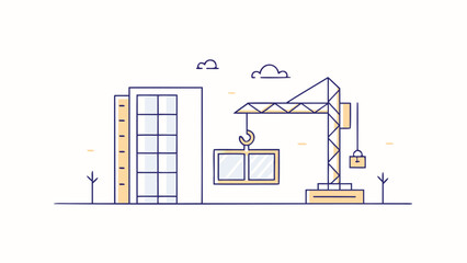 Illustration of a building under construction with a crane and clouds in a minimalist style line drawing