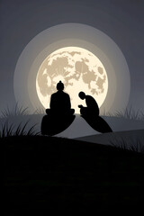 Serene Digital Illustration of a Bowing Figure and a Seated Master Under a Glowing Full Moon on a Grassy Hill