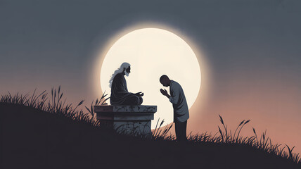 A Serene Digital Illustration Depicting a Humble Student Bowing to a Seated Sage Under the Glowing Full Moon at Dusk