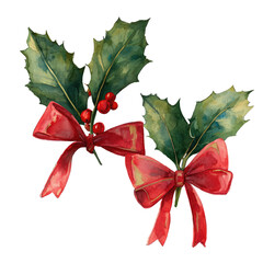Fototapeta premium Two sprigs of holly with red bows
