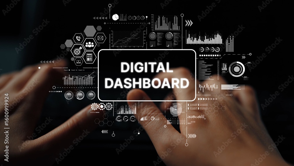 Fototapete Hands on a Digital Dashboard Interface with Graphs and Data Visualization Elements in Dark Background. Asymptotic smart data analytic.