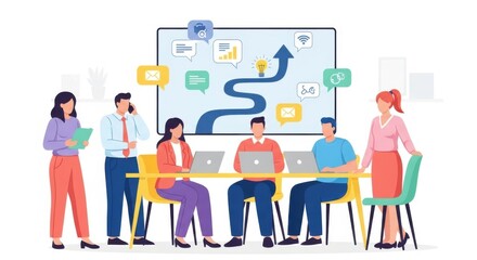 Fototapeta premium A diverse team of professionals collaborates around a table while a presentation displays business growth strategy on a large