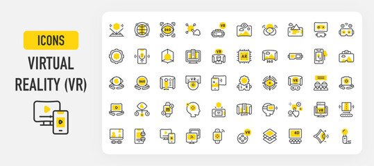 Virtual reality icons. VR Experience, 360, Voice Control, Screen Mirroring, Globe, Screen, Projection, Glasses, Phone, Vr, Vr Game, Smart Watch, Layers, 4d vector stroke illustration.	
