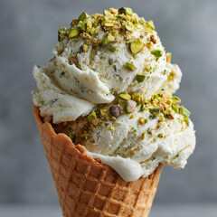 Pistachio Vanilla Ice Cream in Waffle Cone &ndash; Close-Up Dessert Photography