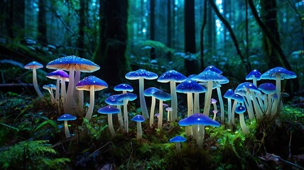 A cluster of bioluminescent mushrooms illuminates the dark forest floor