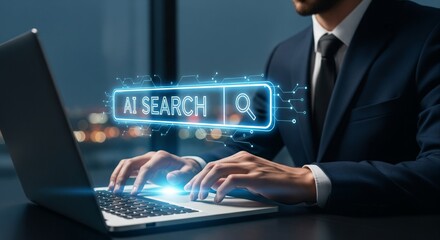 AI Search: A professional in a suit is deeply engrossed in using advanced search technologies, with an illuminated AI Search interface overlaying his work.