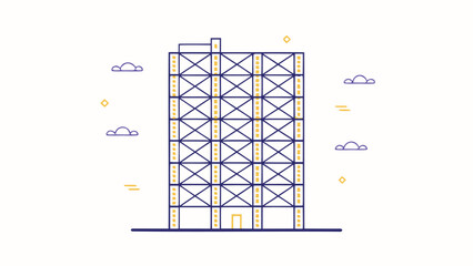 Illustration of a building frame with diagonal braces and clouds in a minimalist style design concept art