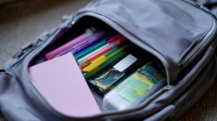 Backpack filled with colorful school supplies for the new academic year in a cozy indoor setting