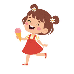 Cute happy girl with ice cream. Summer holidays, joy, relaxation. Cartoon vector illustration on white background