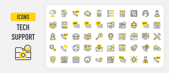 Tech support icons. Tools, Support, Chat Bot, Server, Virus, Network, Translate, Laptop, Mobile Service, User, Email, Browser, Waiting, Testimonial, Solved vector stroke illustration.	
