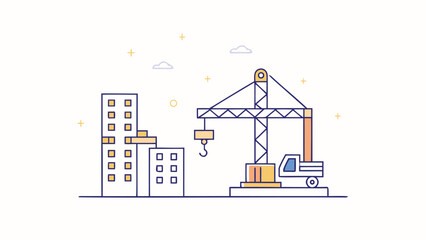 Illustration of a construction site with a crane and buildings under construction in a minimalist style