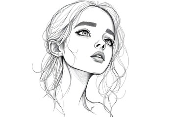 Sketch of a young woman with wavy hair looking up with detail and shading in black and white style