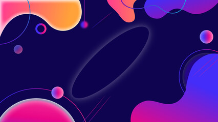 Abstract fluid shapes and spheres with neon glow on dark blue background liquid