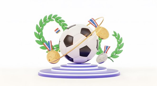 Soccer Ball with Gold and Silver Medals and Green Laurel Wreath on White Background