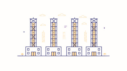 Illustration of four buildings with towers and clouds in a minimalist style design concept art