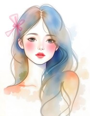 Watercolor illustration of a girl with blue hair and a pink bow on a white background portrait art
