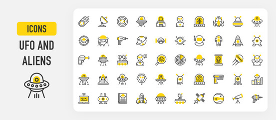 Ufo and aliens icons. Telescope, Abducting, Galaxy, Meteorite, Mars Rover, Ufo, Ray, Black Hole, Spaceship, Vehicle, Satellite, Mars, Space Gun, Cosmonaut vector stroke illustration.	
