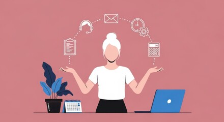 A woman juggles various business tasks and icons representing communication time and finance while working at her laptop