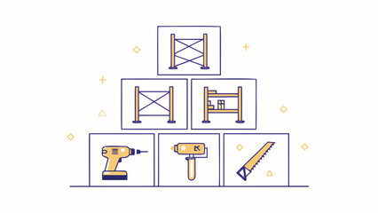 Illustration of construction tools and shelving units arranged in a pyramid shape design layout