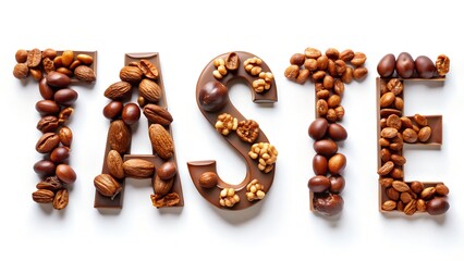 The inscription "TASTE" laid out from chocolate letters with nuts on a white background
