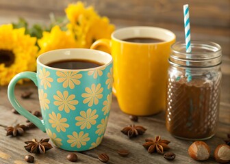 Aromatic coffee in colorful mugs with sunflowers and star anise on a rustic wooden table