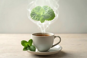 A steaming cup of mint tea with fresh mint leaves offering a moment of relaxation