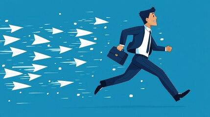 Businessman Running with Briefcase Vector - Upward Arrow Minimalist Design on Blue Background for Corporate Promotion