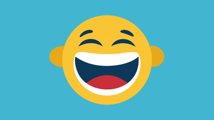 Fototapeta premium Yellow Emoji Face Icon Laughing Widely Big Open Mouth Red Tongue Blue Background