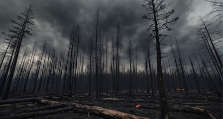 charred forest with barren trees under ominous sky