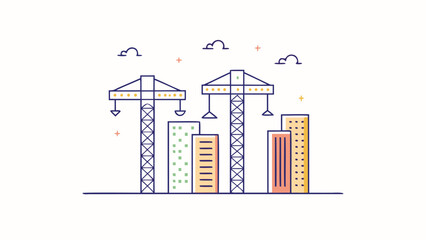 Illustration of city skyline with two construction cranes and buildings against a light background view