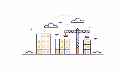 Illustration of a construction site with buildings under construction and a crane under a cloudy sky