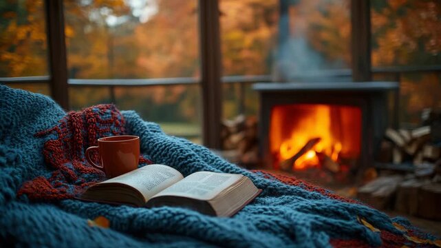 Relaxing Autumn Scene with Fireplace, Book, and Cozy Blanket for Tranquil Moments