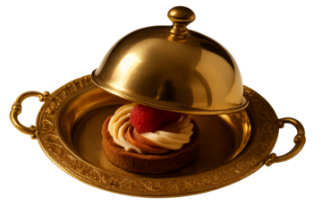 Golden food tray with dessert under dome on transparent background