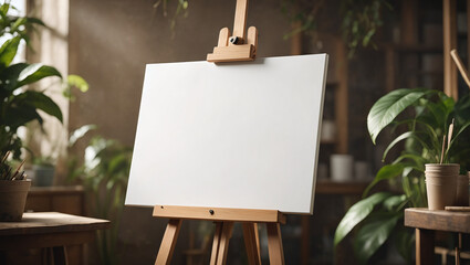 A blank white canvas on a wooden easel stands in a sunlit artist's studio, surrounded by lush potted plants, ready for creativity.