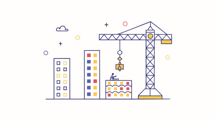 Illustration of a construction site with buildings, a crane, and a worker on top of a building under construction