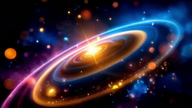 A black hole in the middle of a space filled with stars and planets