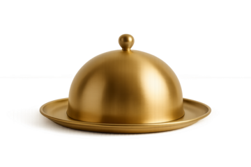 Golden cloche tray with smooth dome lid, transparent background