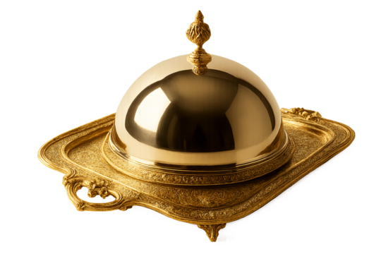 Golden tray with dome on ornate rectangular base on transparent background