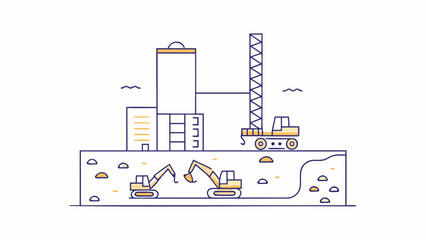 Illustration of a construction site with excavators, a crane, and buildings in a minimalist style art