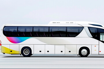 Modern white tour bus with colorful wave design and tinted windows driving on a highway with empty background