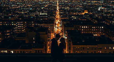 Silhouette of a romantic couple embracing on a rooftop overlooking a vast, illuminated city grid at night.