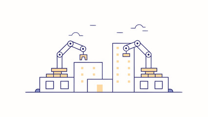 Illustration of a construction site with robotic arms building structures and adding blocks to buildings