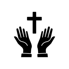 Solid Black Icon of Open Praying Hands with Cross Symbolizing Faith and Spiritual Connection