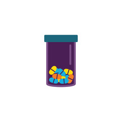 Colorful diverse prescription pills inside a purple medical bottle, symbolizing health, wellness, and pharmaceutical care.