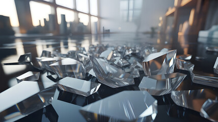 Broken Glass Shards on a Reflective Gradient Surface - Abstract Background