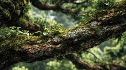 Fototapeta premium A textured tree branch extending outward, covered in patches of moss, blending harmoniously with the brown and green tones of the surrounding woodland.